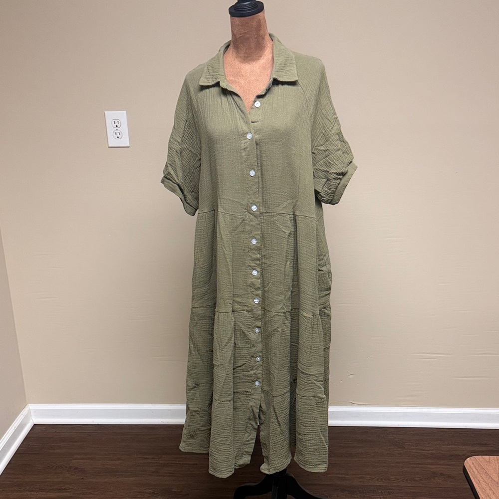 Olive Green Button-Up Midi Dress